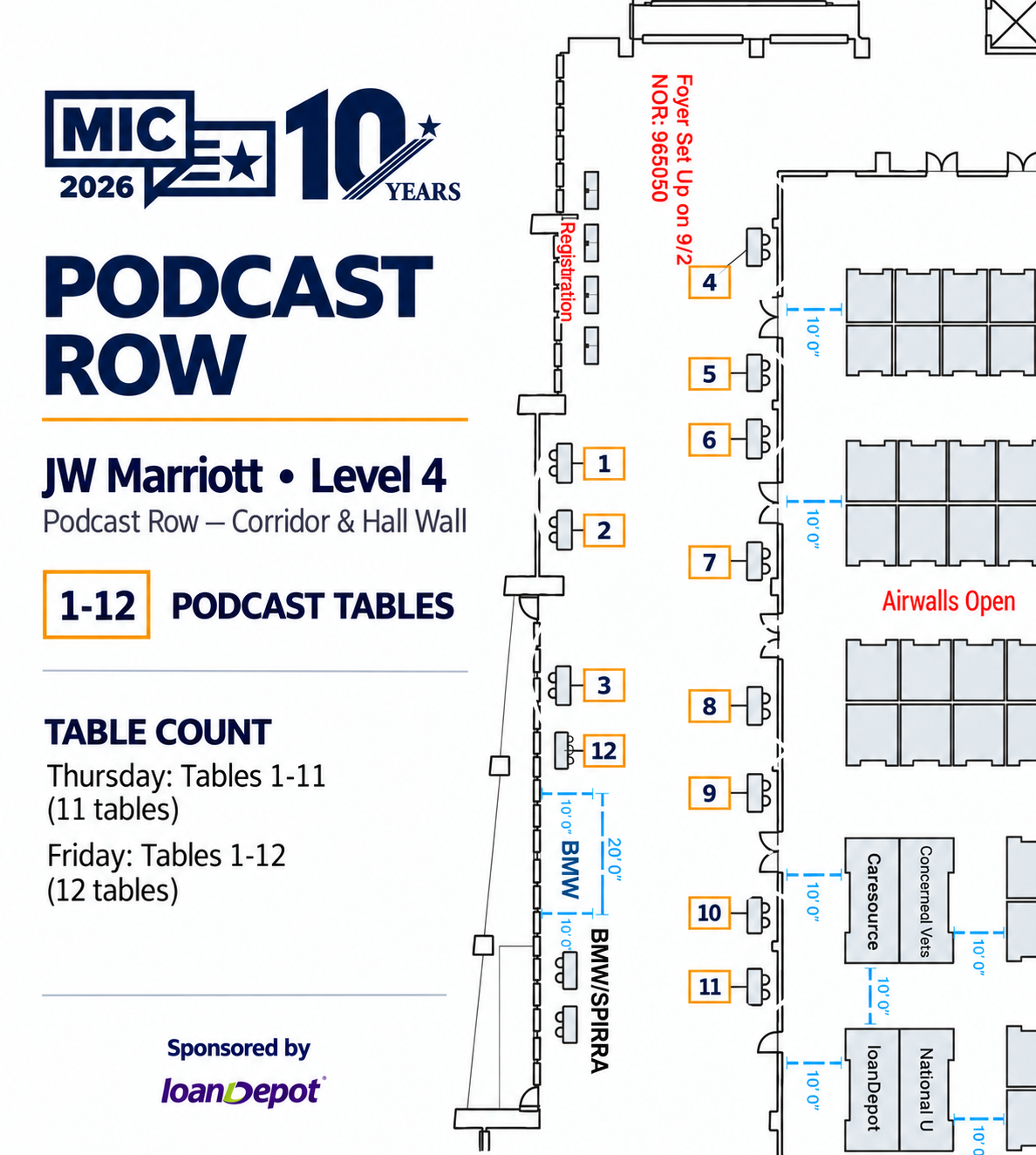 Podcast Row floor plan, JW Marriott Level 4, tables 1 through 12 along the corridor and hall wall